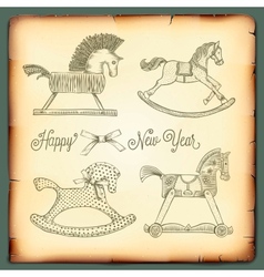 New Year vintage card with rocking toys horses vector image
