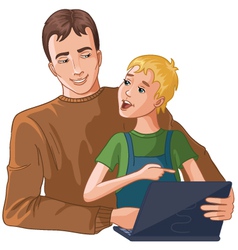 Father and boy working with laptop vector image