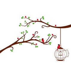 Two Tree Branches with bird cage and love birds vector image
