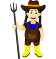 Funny female farmer cartoon holding rake vector image