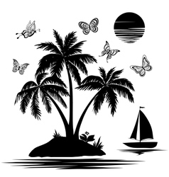 Island with palm ship butterflies silhouettes vector image