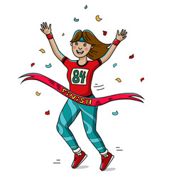 Woman runner cross the finish line cartoon style vector image