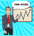 Pop art business man pointing growth graph vector image