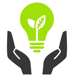 Green ecology bulb in open hands vector image
