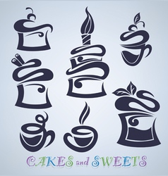 Cakes sweets and drinks silhouettes vector image