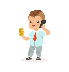 Cute boy businessman talking on smartphone and vector image