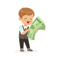 Happy little boy businessman holding a stack of vector image