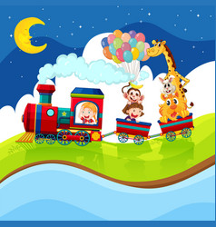 Kids and animals riding on the train at night Kids and animals riding on the train at night vector image