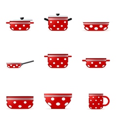 Set of icons of red cookware in white point vector image