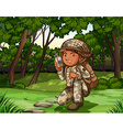 Soldier in forest on radio vector image