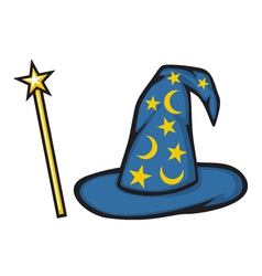 Hat of the wizard and magic stick vector image