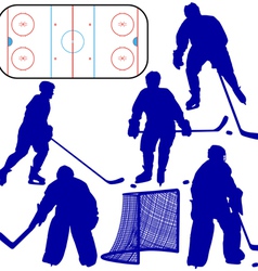Set of silhouettes of hockey player Isolated on wh vector image
