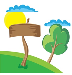 Wooden board sign with clouds sun and tree vector image