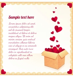 Greeting card with ornate box of red flying hearts vector image
