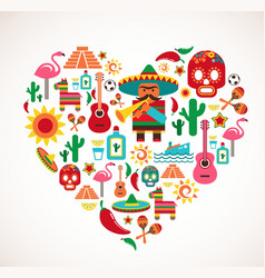 Mexico love - heart with set of icons vector image