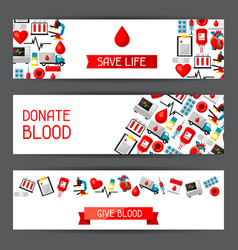 Banners with blood donation items medical and vector image