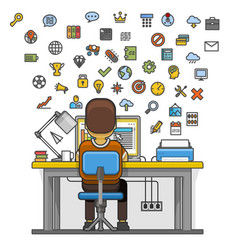 Man sitting at desktop and working on the computer vector image