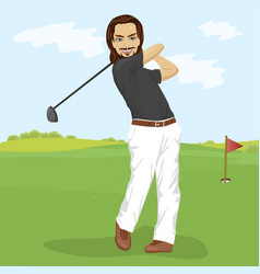 Male golfer hitting golf shot with club on course vector image