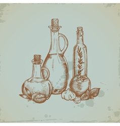 Hand drawn Olive Oil in Glass Bottles Still life vector image