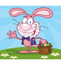 Waving Pink Bunny With Easter Eggs vector image