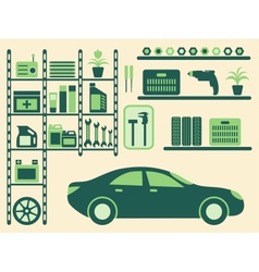 Garage interior and objects silhouettes set vector image