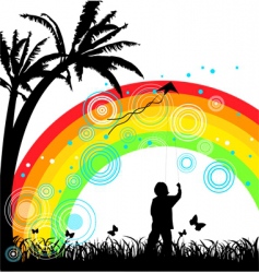 Boy with kite under rainbow vector image