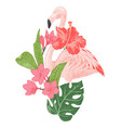 Hand drawn flamingo with tropical flowers vector image