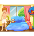 A boy inside his room with a robot and a vector image