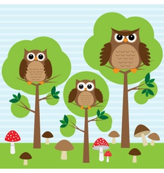 Cute family of owls in forest vector image