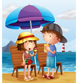 Two kids at the beach near the wooden chairs vector image