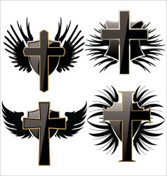 Cross on Black shield with wings set vector image