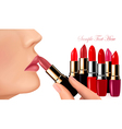 Lipsticks and happy female lips vector image