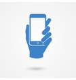 Blue icon with hand holding a smart mobile phone vector image