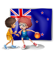 The flag of New Zealand in front of the basketball vector image
