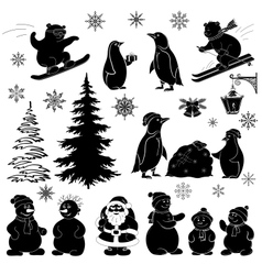 Christmas cartoon set black silhouettes vector image