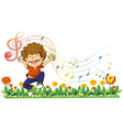 A boy singing out loud with musical notes vector image